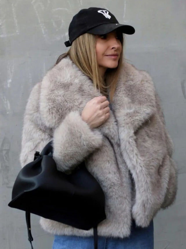 Winter Plush Coat Fashion Warm Thicken Fluffy Lapel Jacket Outwear Casual Long Sleeve Tops Womens Clothing