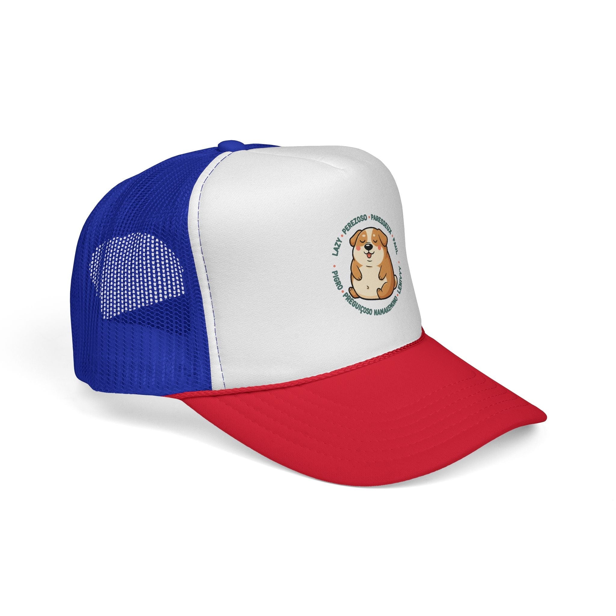Funny Dog Meme Trucker Cap — "Fat Lazy" Multilingual Design (8 Languages)