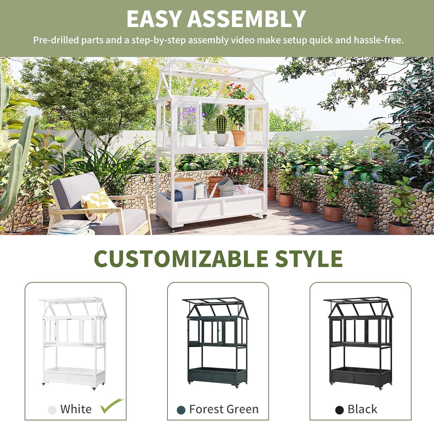 Garden Wood Portable Cold Frame - Mini Greenhouse with Wheels, Open Roof & Storage (White + Beige + Beige)