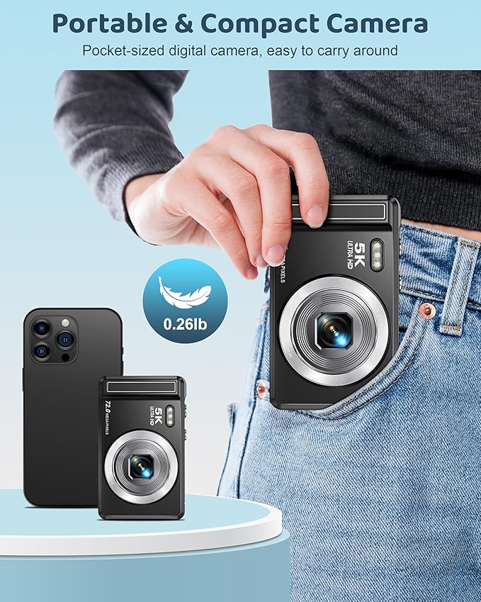 5K Digital Camera - 72MP UHD Digital Cameras for Photography - Autofocus Point and Shoot Small Camera with Flash for Kids - 2.8 Inch Screen Compact Portable Vlogging Camara with 16X Zoom, 32GB SD Card