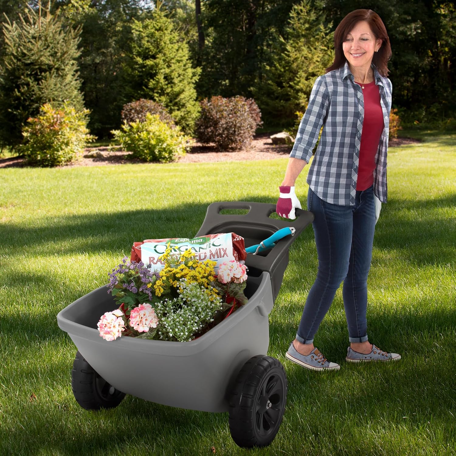 Simplay3 Easy Haul Durable Wheelbarrow with Garden Tool Storage Tray - Large Easy Turn Wheels - Gray - Made in USA