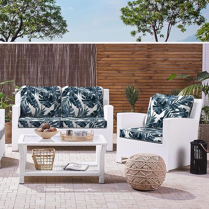 LVTXIII Outdoor Deep Seat Cushion Patio Seat and Back Cushion Set Seasonal Chair Cushion with Removable Cover and Adjustable Buckle for Home and Garden, 22"x22"x4", Palms Blue