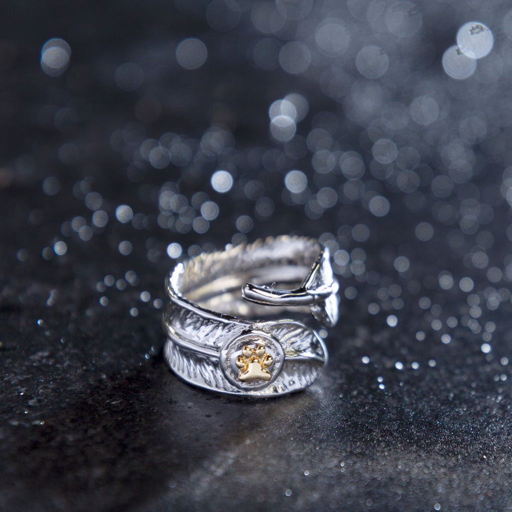 GreaterGood Your Wings Were Ready Feather and Brass Paw Print Ring