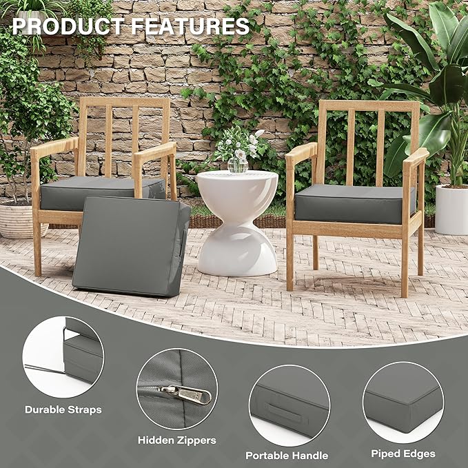 Patio Chair Cushions 18.5 X 16 X 4 Inch Waterproof Outdoor Seat Cushions for Patio Furniture, Outdoor Sofa Couch Pads with Ties & Handle, Set of 2, Light Grey