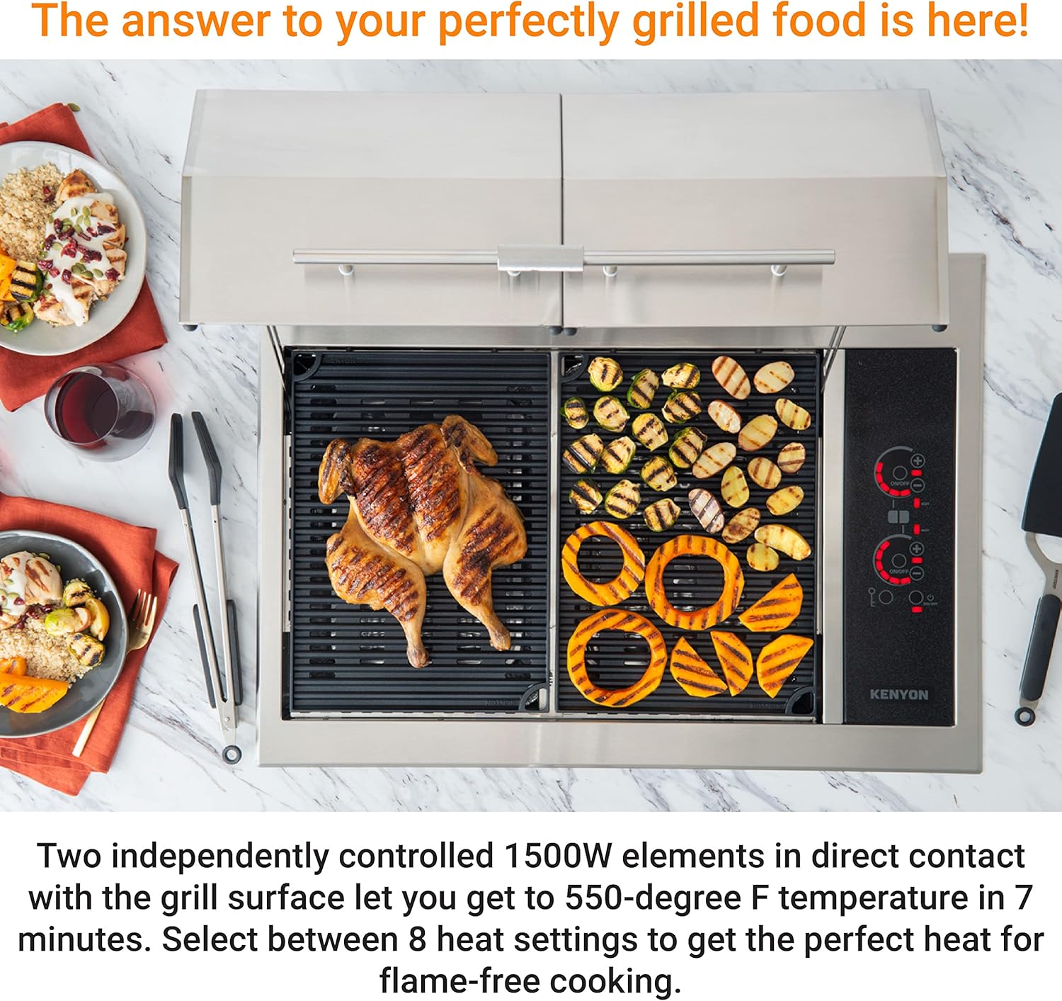 Kenyon Texan Built-In Electric Grill for Stone Counter, Standard Lite-Touch, Stainless Steel Grill with Split Lid for Indoor and Outdoor Use, 2 Burners, Quick Heat Up, Dishwasher Safe Grate, 240V