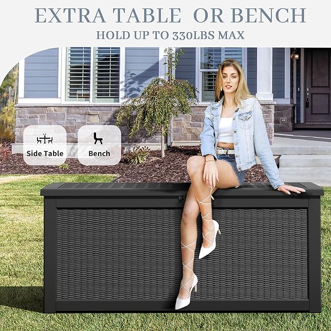 NUNU LAB 260 Gallon Outdoor Storage Box,Resin Large Sturdy Deck Box, Backyard Outside Storage Box Waterproof with Double Wall Panels,Package Delivery Garden Outdoor Hose Bin