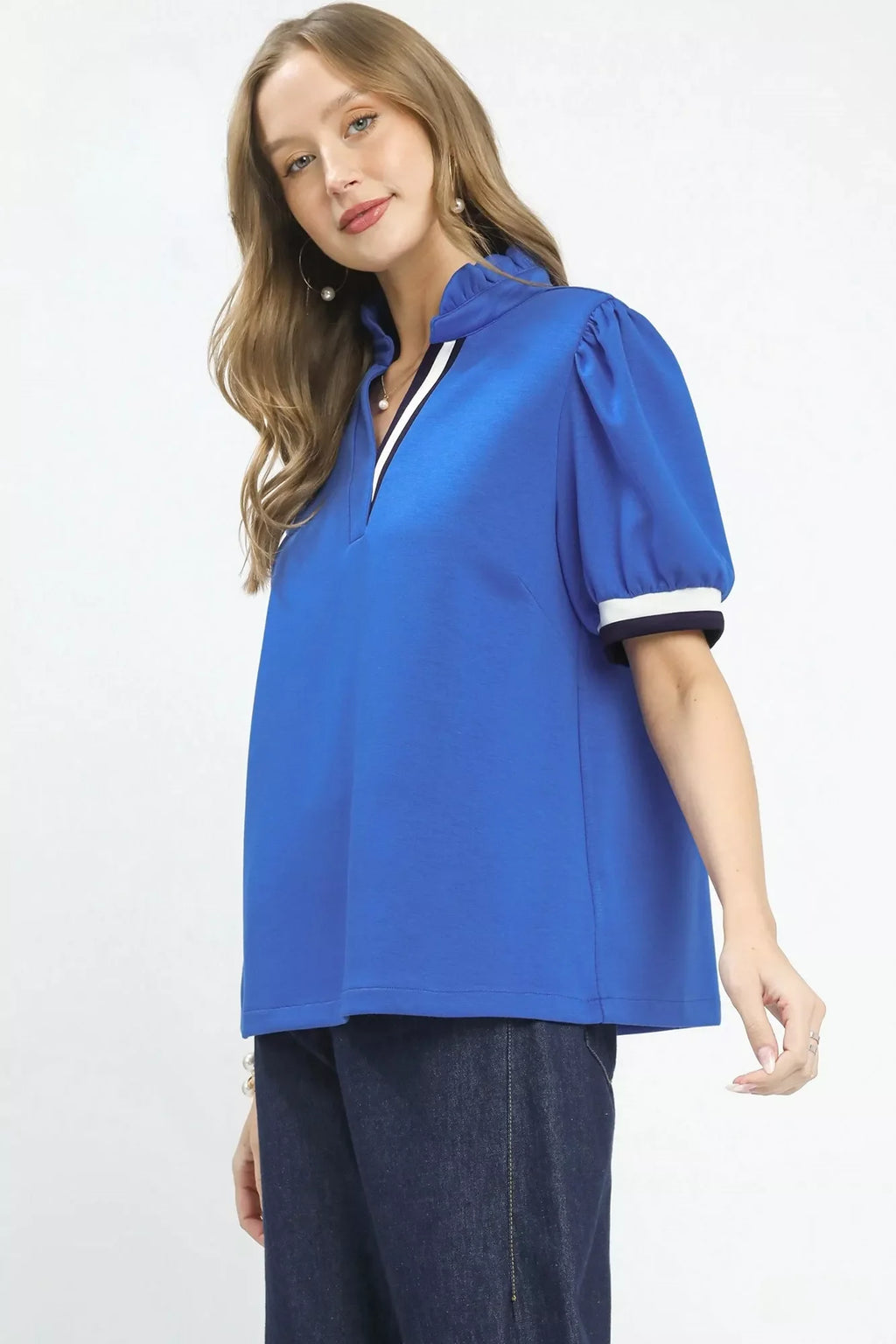 Umgee Luxe knit Contrast Trim Puff Sleeve Top