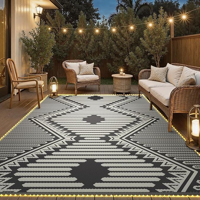 MontVoo Outdoor Rug with Led String Strip Lights 8x10 ft Waterproof Outdoor Patio Rug Mat Reversible Plastic Straw Rug Outside Outdoor Rug for RV Camping Picnic Balcony Fairy Boho Outdoor Decor