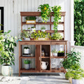 Merax 66" Large Outdoor Farmhouse Wooden Potting Bench Table, Garden Workstation with 2 Drawers, Cabinet, and Open Shelves for Backyard, Mudroom, Brown