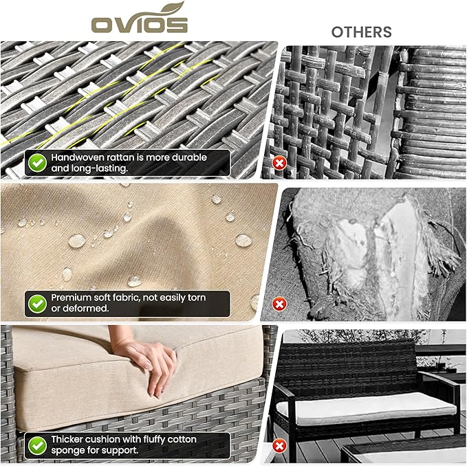 ovios 6 Pieces Patio Furniture Set with 54" Fire Pit Table, Outdoor Wicker Sofa with Comfy Cushions, All Weather High Back Rattan Couch Conversation Set, Beige