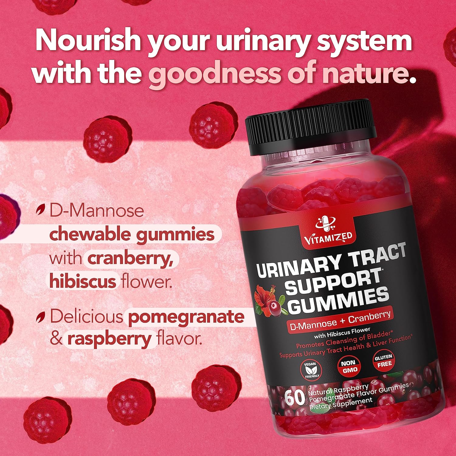 Powerful Cranberry Gummies with D-Mannose - Urinary Tract Health - Fast-Acting Bladder Support Supplement - 60 Count