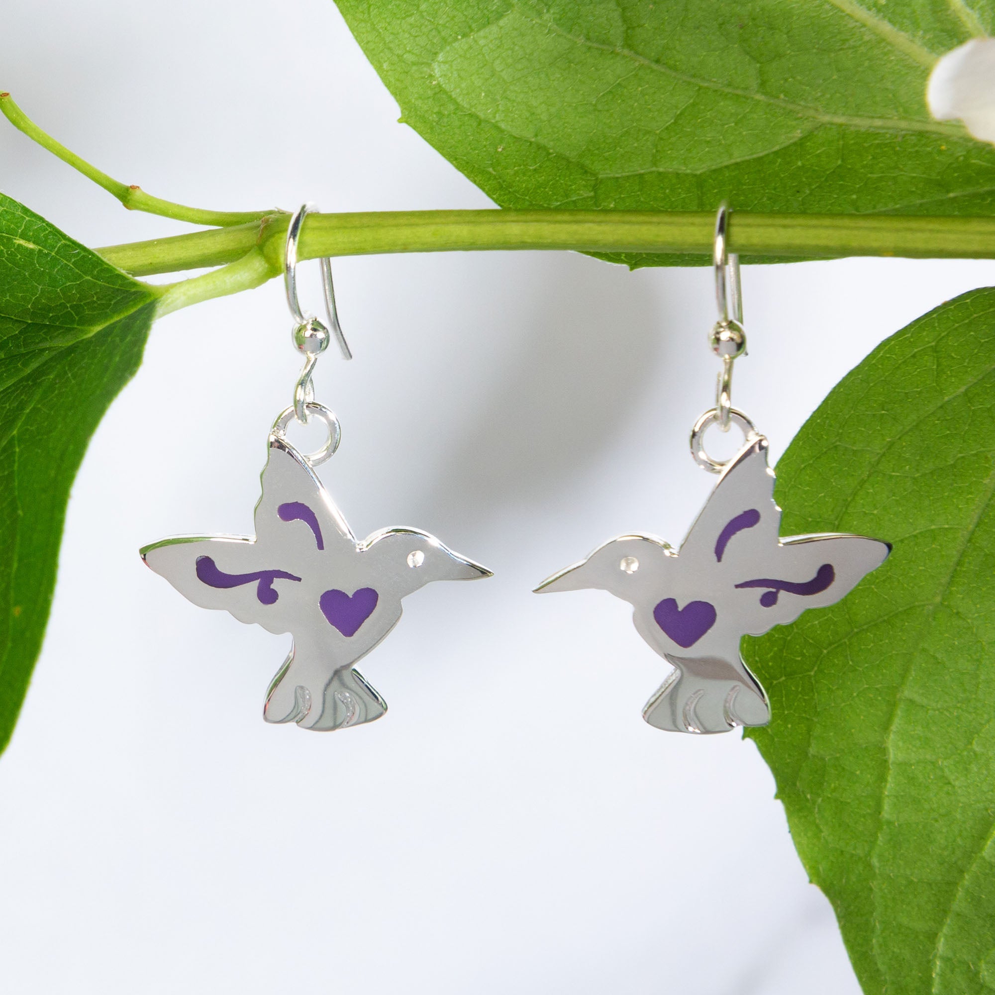 GreaterGood Whimsical Hummingbird Alpaca Silver and Purple Resin Earrings