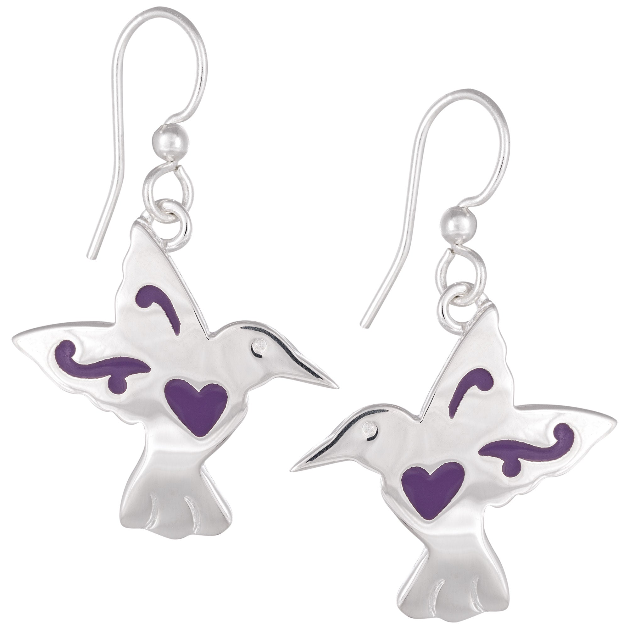 GreaterGood Whimsical Hummingbird Alpaca Silver and Purple Resin Earrings
