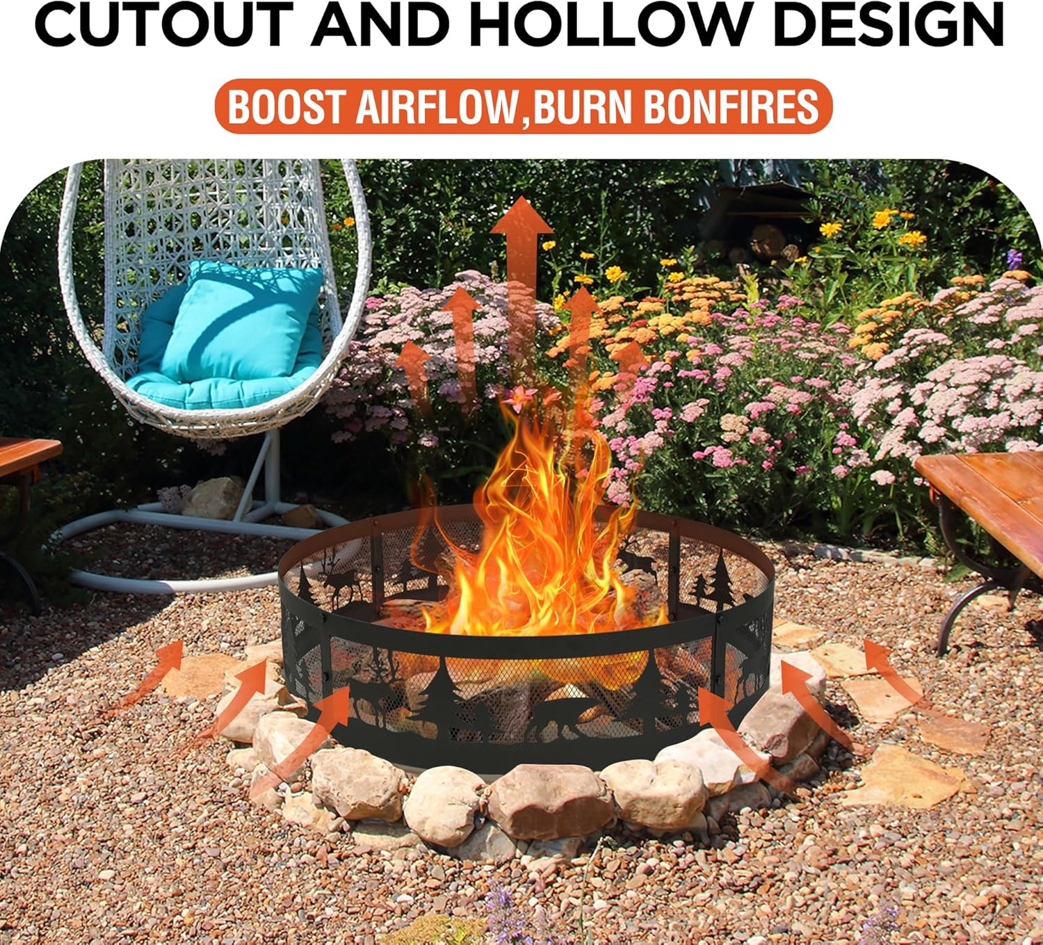 Red Mountain Valley 36 Inch Fire Pit Ring with 360° Forest & Wildlife Design, Portable Steel Wood Burning Firepit Ring for Outdoor Camping, Bonfires, Beach,Patio, fire Pit kit, Black