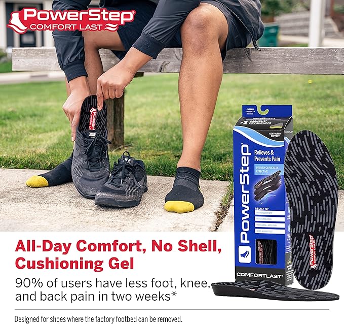 PowerStep Comfort Last Insoles, Cushioning Gel Insoles for Standing All Day, Supports Metatarsal Pain, Foot Arch, Heel Pain, All Day Comfort, Made in The USA (Men's 7-8.5 / Women's 9-10.5)