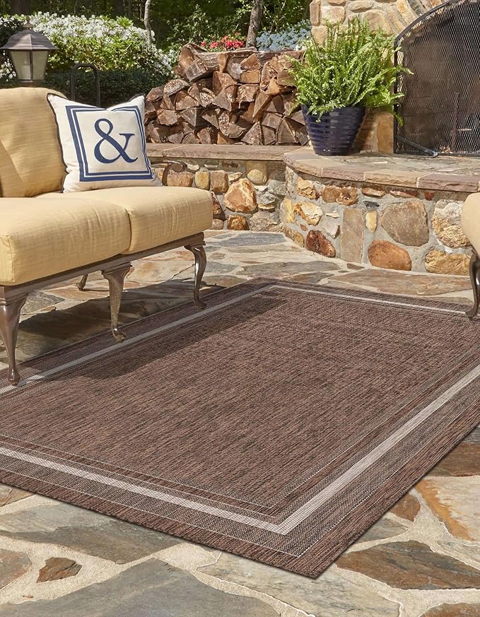Unique Loom Outdoor Border Collection Area Rug - Soft Border (10' x 13' 1" Rectangle Brown/Ivory)