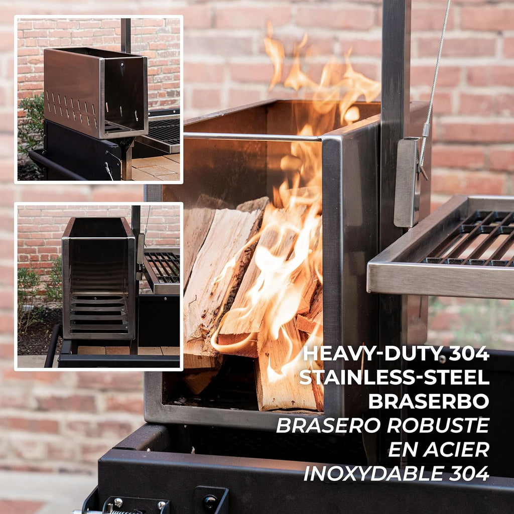 Backyard Discovery Argentine Santa Maria Wood Fire & Charcoal BBQ Grill with Brasero, Adjustable Grill Grates, Fire Bricks, Heavy-Duty Steel, S-Hooks, Acacia Wood Table for Outdoor Gaucho Grilling