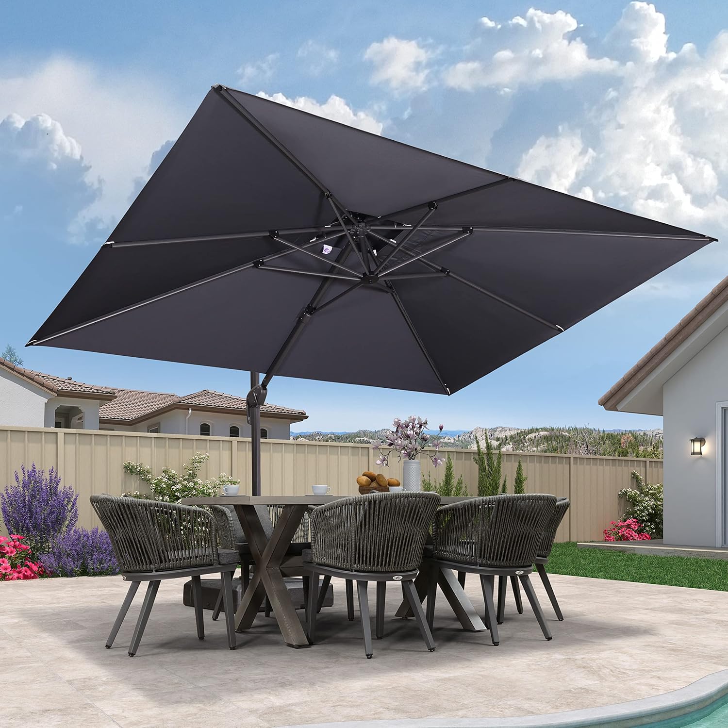 PURPLE LEAF 9' X 12' Cantilever Outdoor Umbrellas Large Patio Umbrella Hanging Double Top Rectangle Offset Umbrella with 360°Rotation Tilting Umbrella Outdoor Patio, Grey