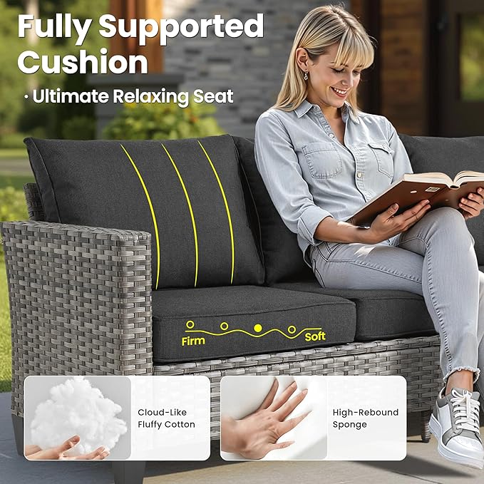 ovios 6 Pieces Patio Furniture Set with 42" Fire Pit Table, Outdoor Wicker Sofa with Comfy Cushions, All Weather High Back Rattan Couch Conversation Set, Black