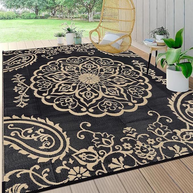Pauwer Waterproof Outdoor Rug 8x10, Reversible Plastic Straw Patio Camping Rug, Indoor Outdoor RV Mat Carpet for Deck, Camper, Porch, Balcony, Backyard, Picnic, Boho Black Brown