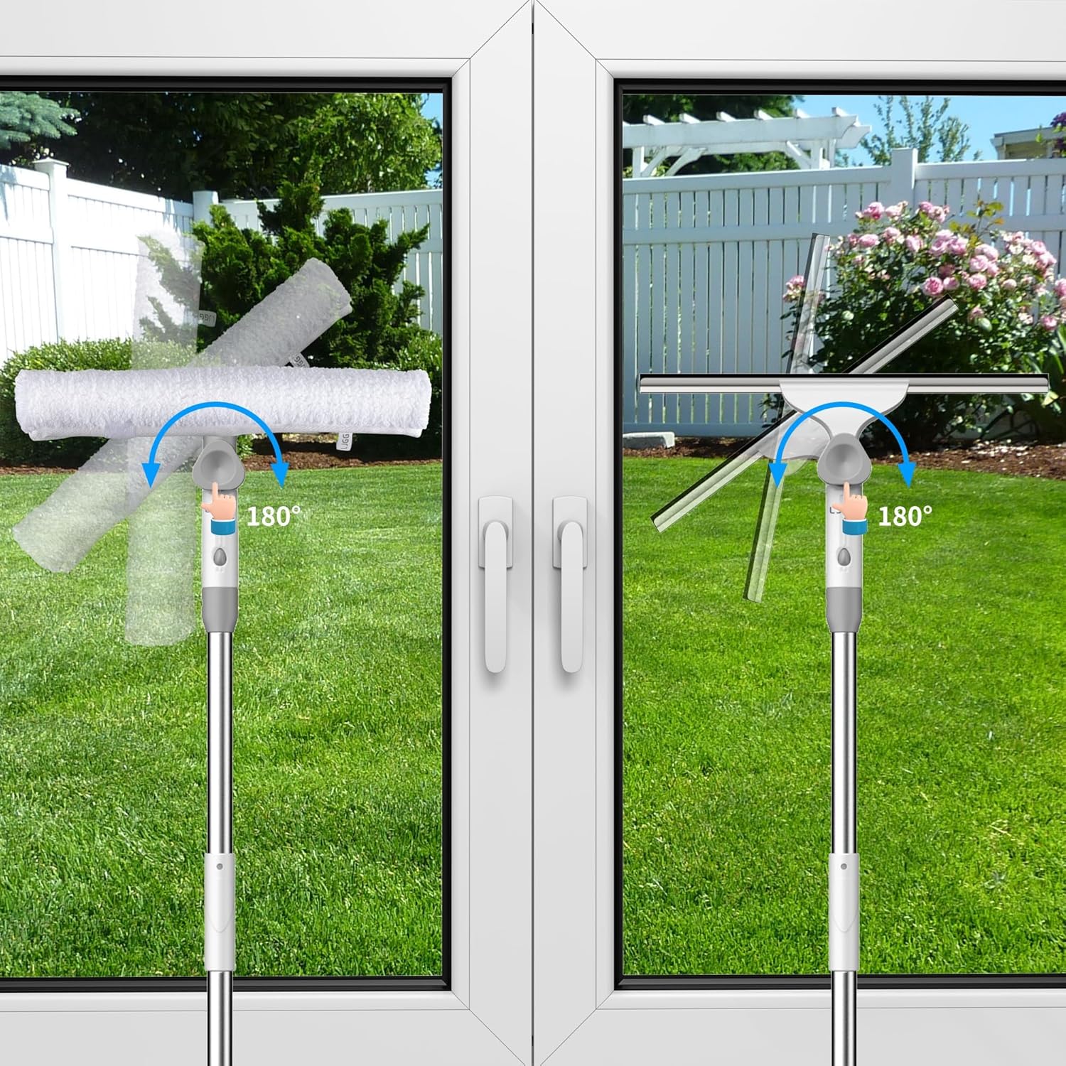 Window Cleaning Squeegee kit, 13.78" Squeegee and 13.78" Microfiber Scrubber with Aluminum Alloy Pole, 54" Telescopic Window Cleaning Tool for Glass Door, Shower Glass Door, Car Windshield-2 Pads