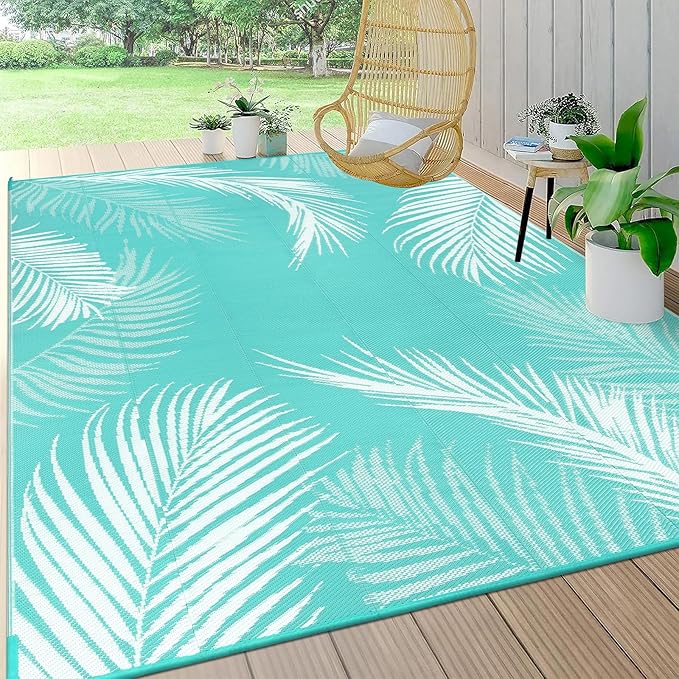 Pauwer Waterproof Outdoor Rug 6x9, Reversible Plastic Straw Patio Camping Rug, Indoor Outdoor RV Mat Carpet for Deck, Camper, Porch, Balcony, Backyard, Picnic, Leaf Light Blue