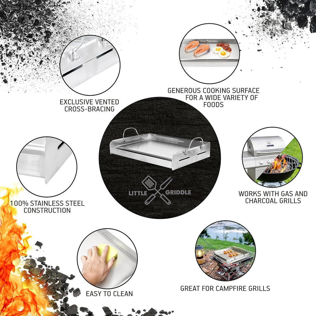 LITTLE GRIDDLE 100% Stainless Steel Griddle with Even Heat Cross Bracing and Removable Handles - For Grills, Camping, Tailgating, Silver, 25" x 16" x 6.5"