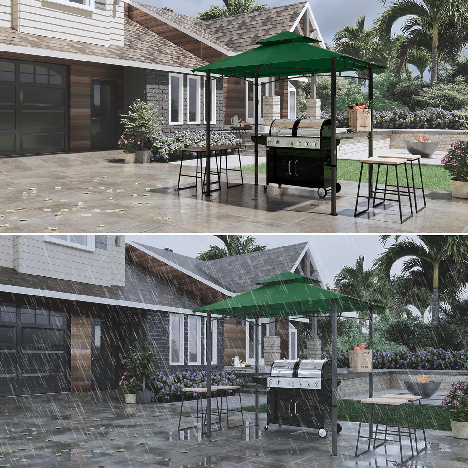 COOSHADE 8'x 5' Grill Gazebo Double Tiered Outdoor BBQ Gazebo Canopy with LED Light (Forest Green)