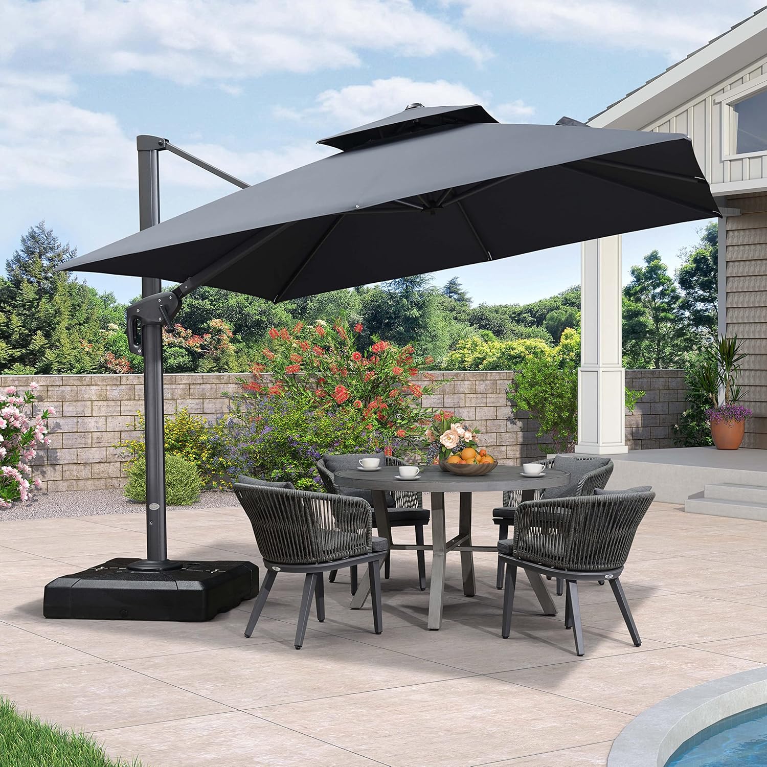 PURPLE LEAF 10ft Patio Umbrella with Base Large Outdoor Square Umbrella Deluxe Hanging Double Top Cantilever Offset Market Umbrella Windproof Garden Umbrella Grey