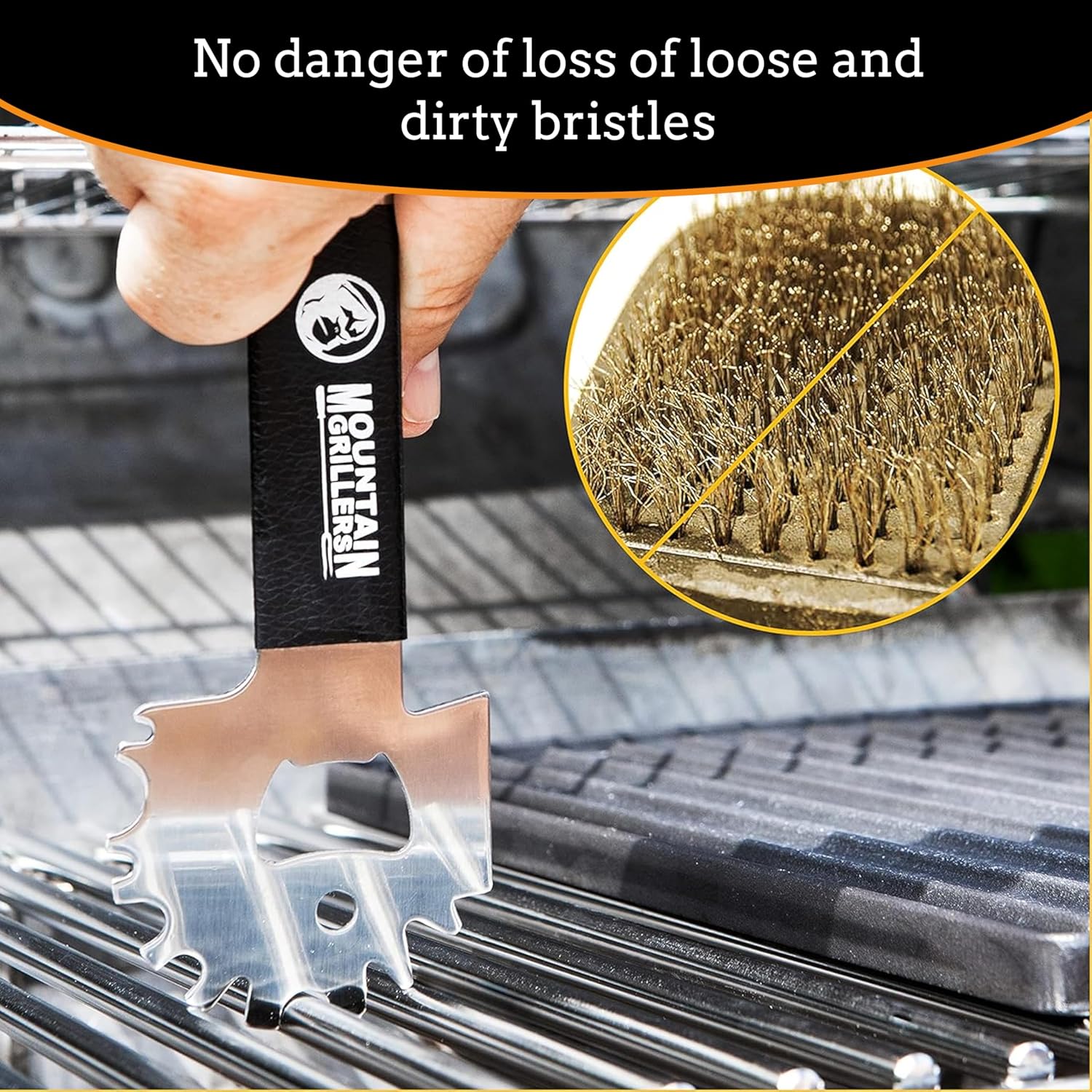Mountain Grillers BBQ Grill Grate Scraper - Wide Portable Grill Scrubber for Outdoor Grill, Griddle, Smoke or Oven Grates - Non Slip Stainless Steel Grill Cleaning Tools with Built-in Bottle Opener