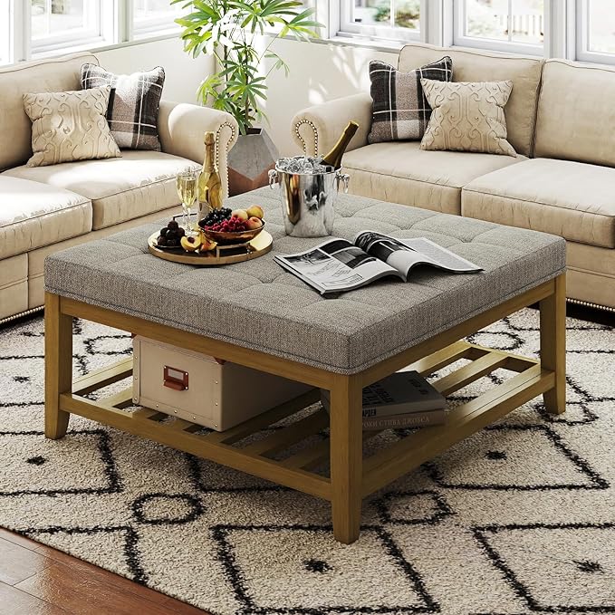 Large Square Ottoman Coffee Table, Linen Solid Upholstered Footrest Ottoman with Solid Wood Shelf Storage Tufted Coffee Table for Bedroom Living Room, Linen