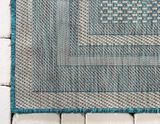 Unique Loom Outdoor Border Collection Area Rug - Soft Border (8'x 11' 4" Rectangle, Teal/ Ivory)