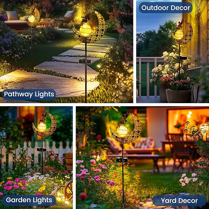 Fairy Moon Solar Lights Outdoor Garden Stakes, Waterproof Metal Decor Gifts for Women Mom, Art Moon Sculpture for Yard, Patio, Garden, Porch, 2 Pack