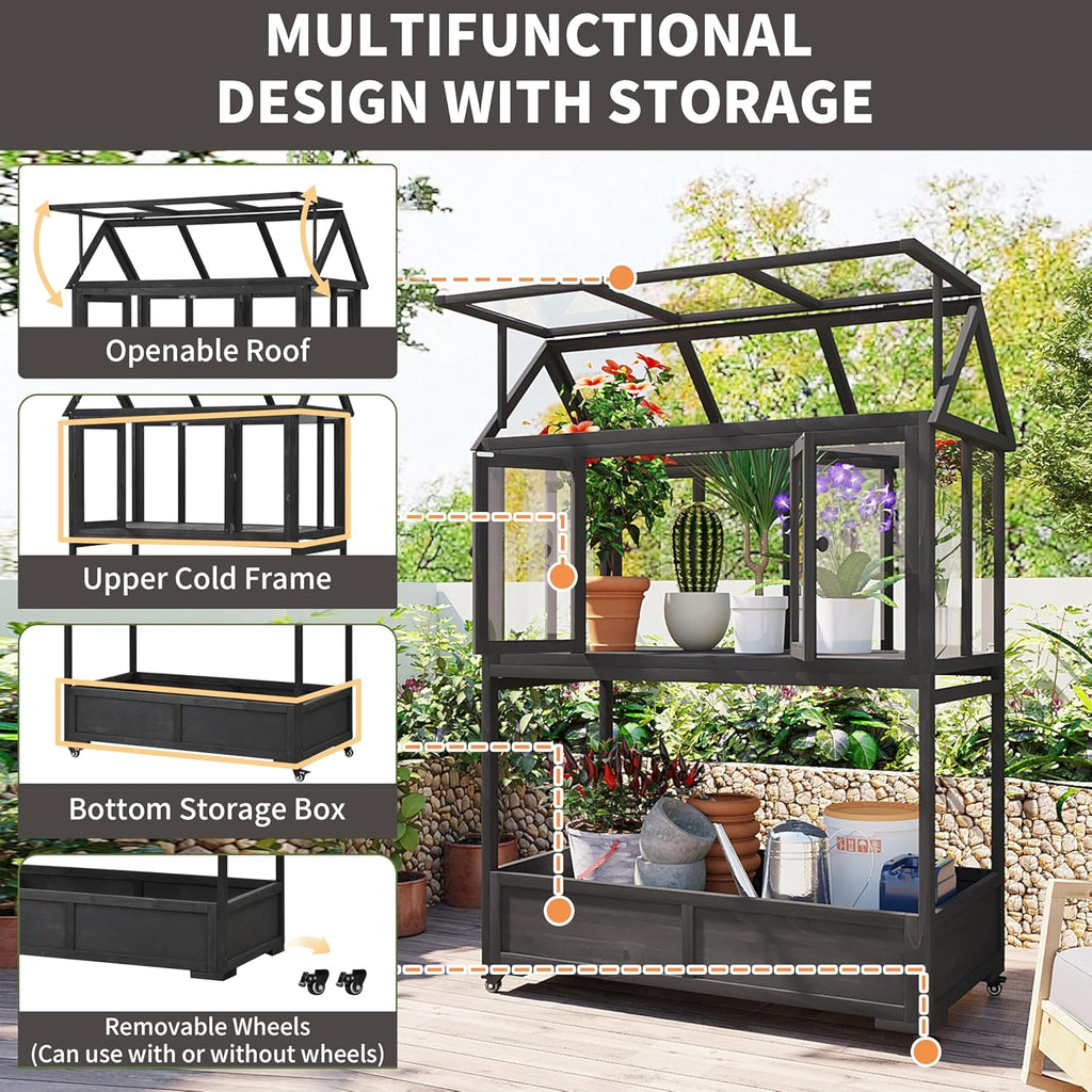 Portable Wooden Cold Frame Greenhouse with Wheels - 47" Mini Greenhouse with Adjustable Roof, Storage Box & Polycarbonate Panels - Plant Protector for Seedlings, Herbs & Winter Gardening (Black)
