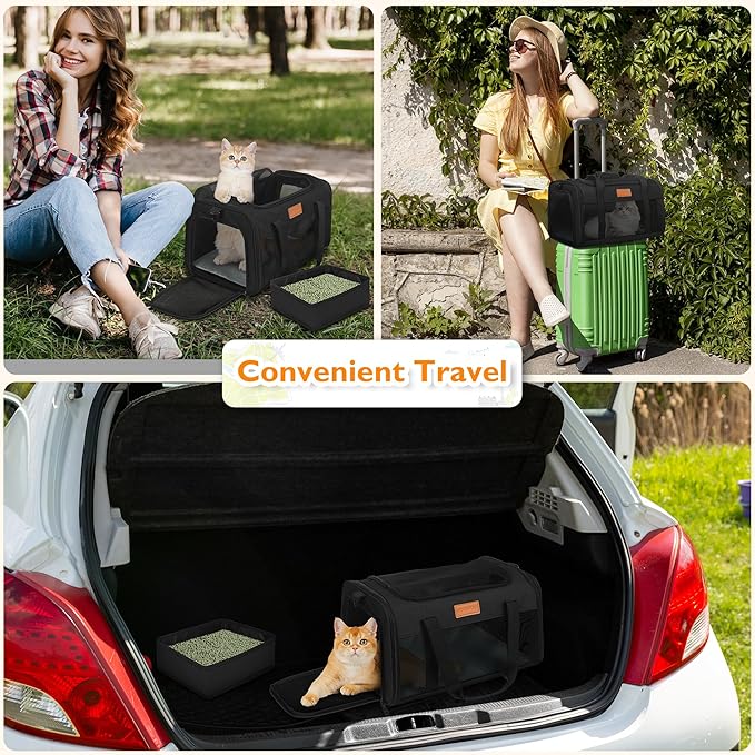 PETUX TSA Approved Pet Carrier in Cabin, 17"x11"x9.5" Soft Cat Carriers for Small Cats up to 12 lb, Top-Open Portable Dog Carrier with Litter Box and Anti-Scratch Mesh for Puppy up to 10 lb (Black)