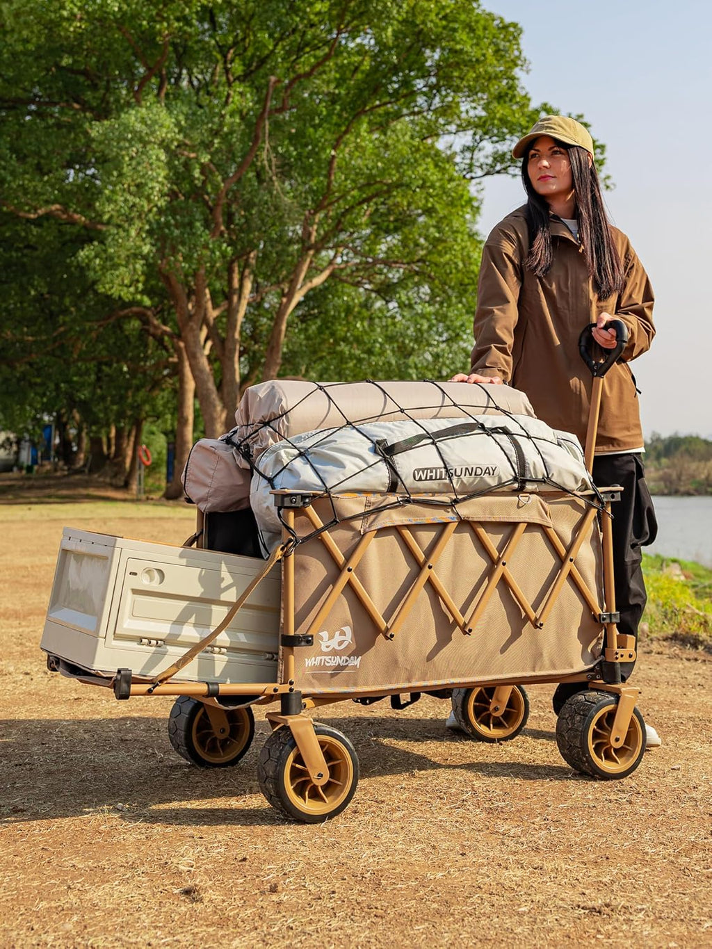 Whitsunday Collapsible Folding Wagon with Table,Heavy Duty Utility Beach Wagons with Opened Tailgate and All-Terrain Wheels for Camping,Garden,Sports Khaki