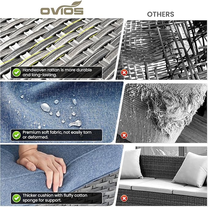 ovios 6 Pieces Patio Furniture Set with 42" Fire Pit Table, Outdoor Wicker Sofa with Ottomans, Comfy Cushions, High Back Couch Conversation Set, Grey Rattan, Denim Blue