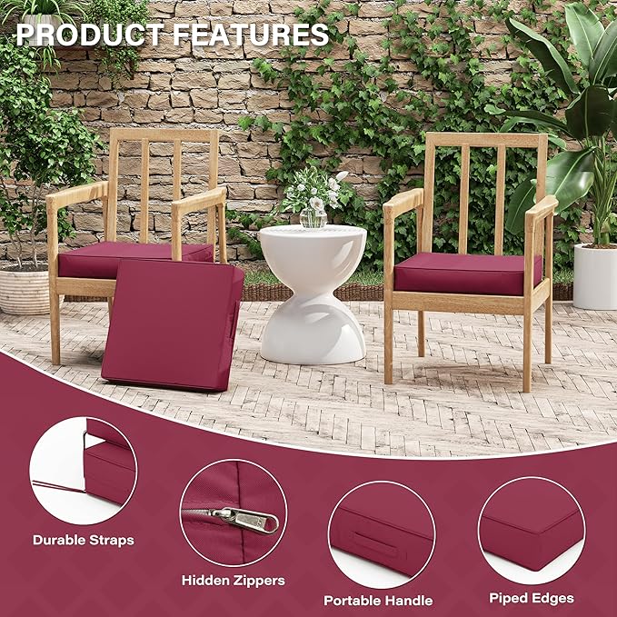 Patio Chair Cushions 17 X 16 X 3 Inch Waterproof Outdoor Seat Cushions for Patio Furniture, Outdoor Sofa Couch Pads with Ties & Handle, Set of 2, Fuchsiared