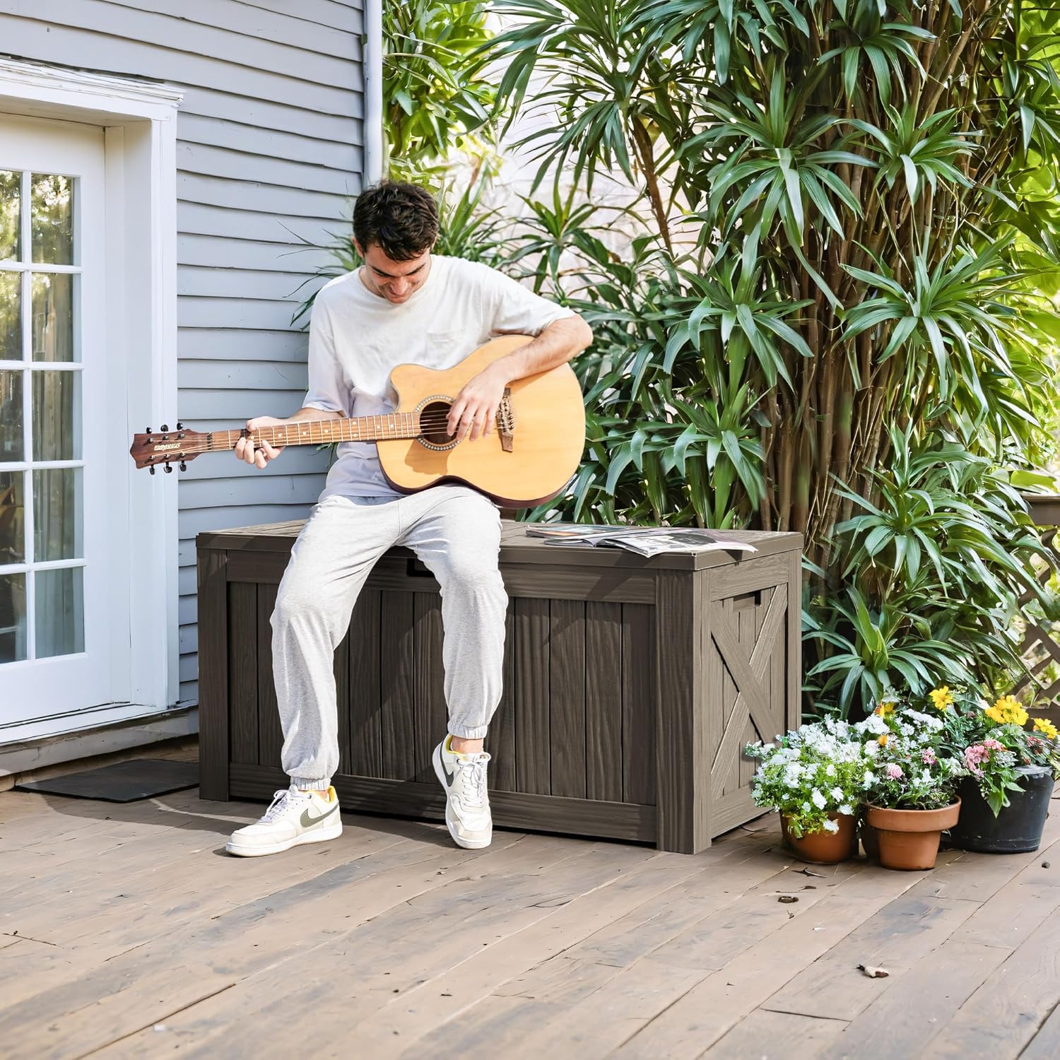 Greesum 120 Gallon Deck Box, Resin Outdoor Storage Container for Patio Furniture, Garden Tools, Pool Accessories, Weatherproof, Lockable, Coffee
