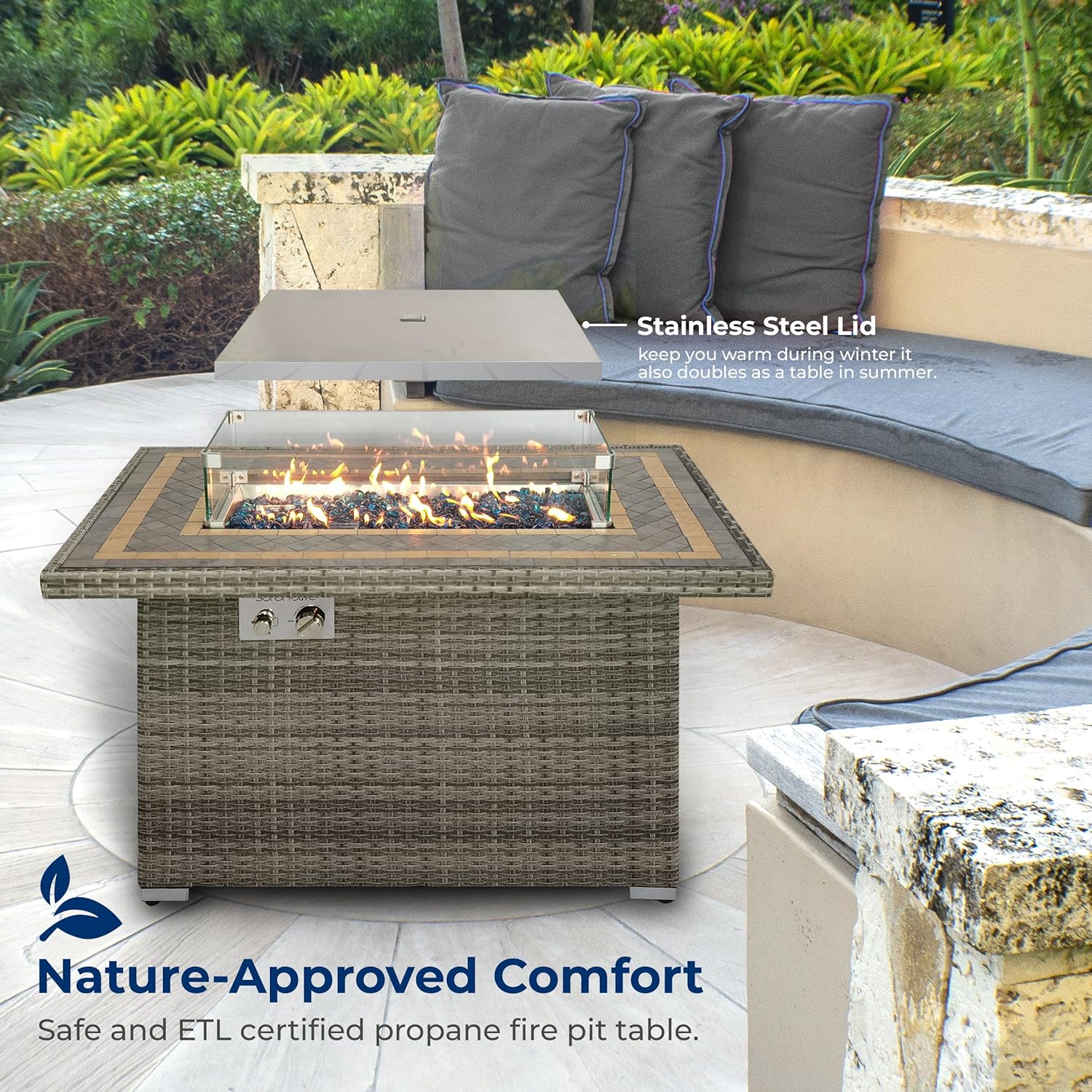 SereneLife Outdoor Propane Fire Pit Table 50000 BTU with Auto Ignition, Glass Wind Guard, Mosaic Tile Top, Clear Glass Rocks, and Weather-Resistant Design for Patio or Backyard