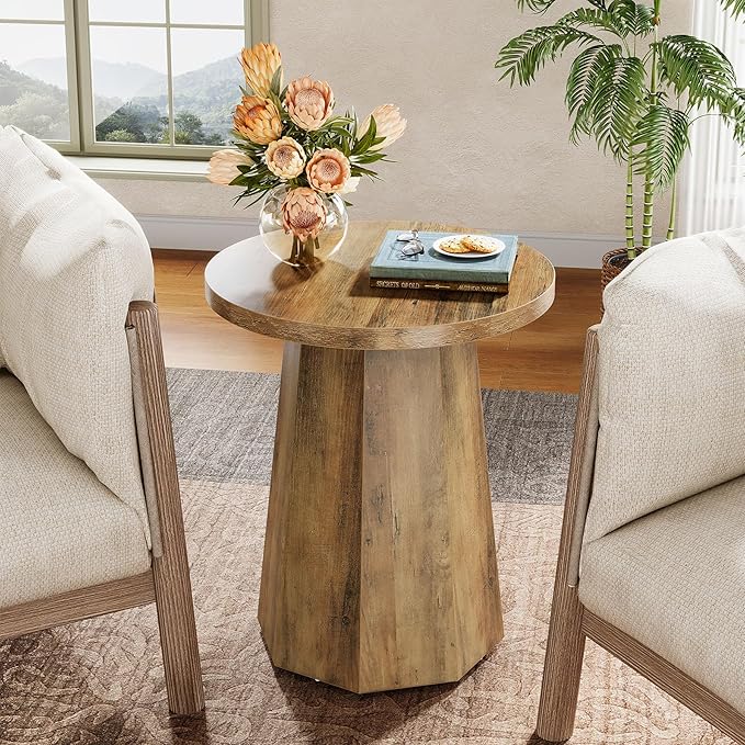 Tribesigns Round Pedestal End Table, Farmhouse Couch Side Table with Octagonal Base, Nightstand Accent Wooden Drink Stand (2, Rustic Brown)