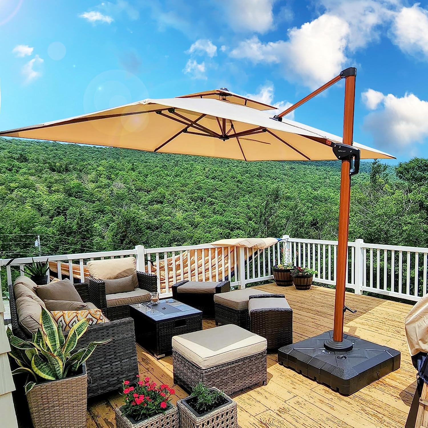 PURPLE LEAF 9' X 12' Double Top Deluxe Wood Pattern Rectangle Patio Umbrella Offset Hanging Umbrella Outdoor Market Umbrella Garden Umbrella, Beige