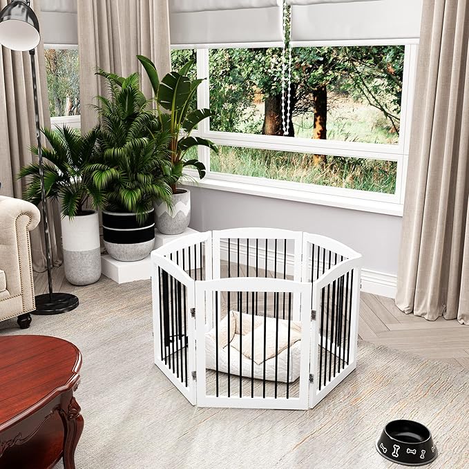 Freestanding Pet Gate for Dogs, Foldable Wooden Dog Gate for House, Extra Wide Indoor Pet Barrier for Stair, Doorway, Hall, Support Feet Included, 120 Inch Wide, 6 Panels 24", White