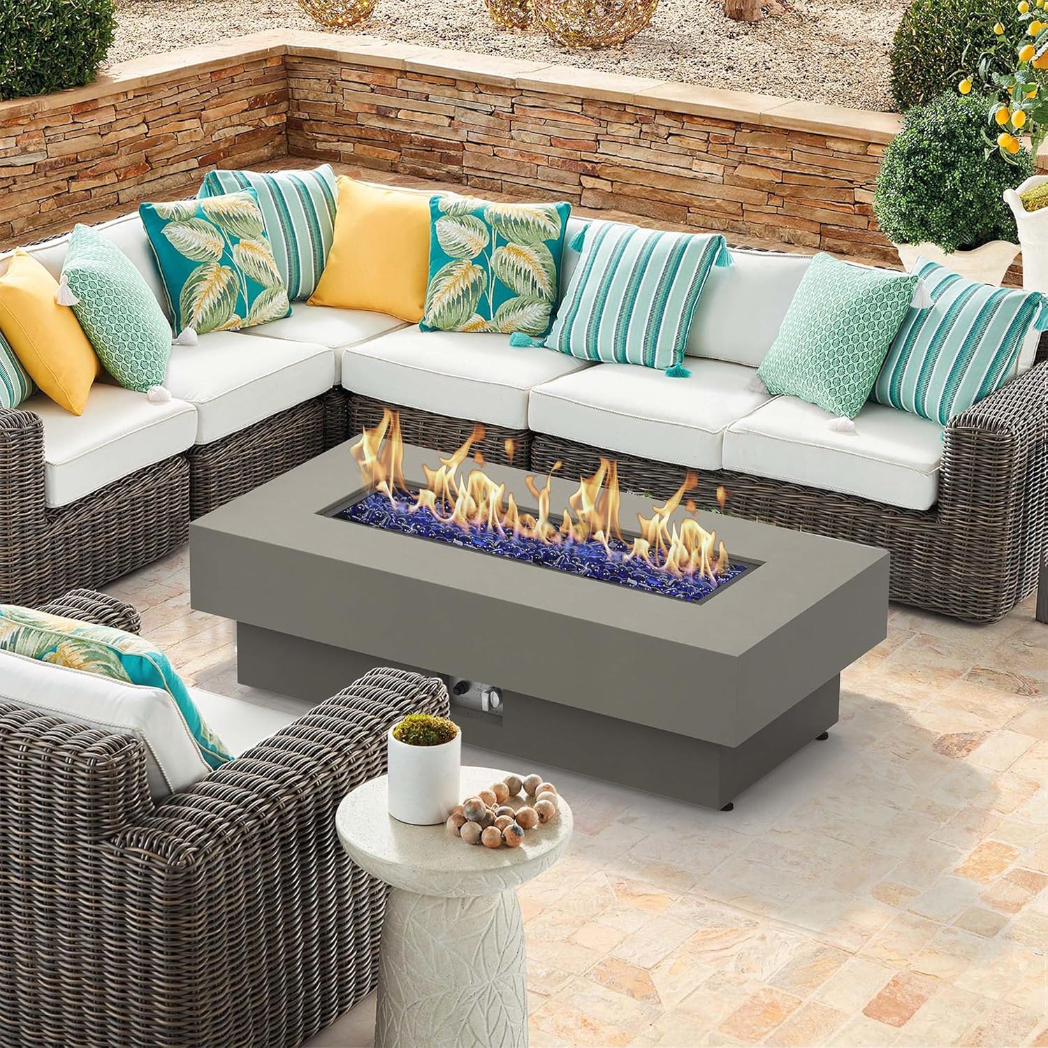48-inch Fire Table with Natural Gas Conversion Kit, 50,000BTU Outdoor Modern Patio Fire Pit Table w/Rectangular Burner Lid, Glass Rocks, Cover