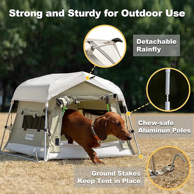 Dog Tent Cotton Fabric, Aluminum Poles and Camping Mat, Outdoor Weatherproof, Dog House Outdoor, Breathable with 2 Side Windows, Portable and Collapsible (Gray, Small)