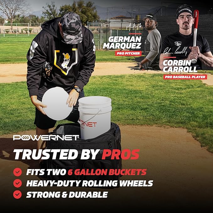 PowerNet Rolling Bucket Bag, Holds 2 6-Gallon Bucket of Baseballs & Softballs, Storage Pockets for Baseball Bat, Gloves & Scoreboards, Fits Launch F-lite Pitching Machine & Balls