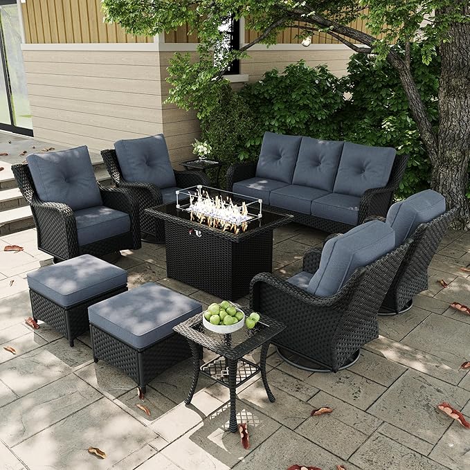 10 Pieces Outdoor Patio Furniture Sets with Rocking Swivel Chairs with 6-inch Thick Cushion and Fire Pit Table for Deck Lawn