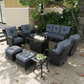 10 Pieces Outdoor Patio Furniture Sets with Rocking Swivel Chairs with 6-inch Thick Cushion and Fire Pit Table for Deck Lawn