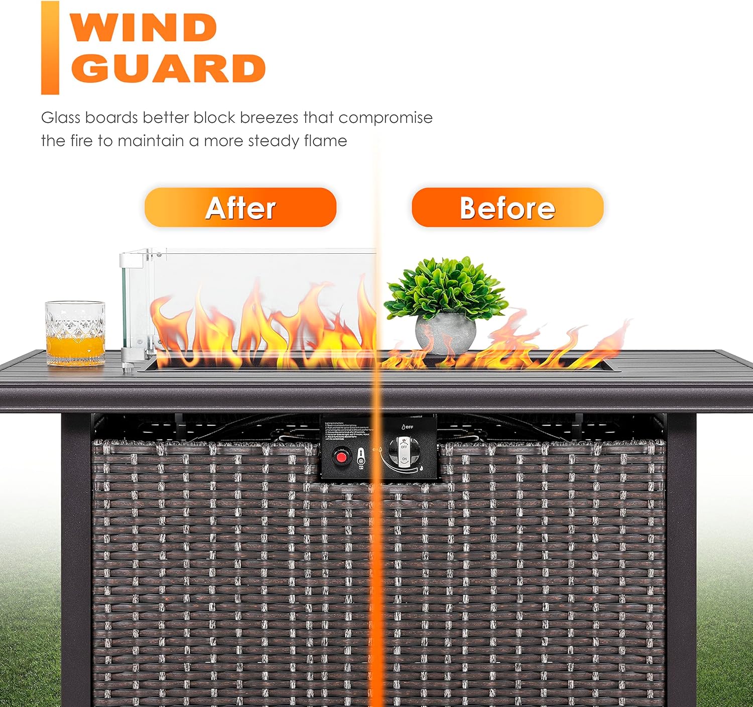 Nuu Garden Outdoor 43 Inch 50,000 BTU Propane Gas Fire Pit Table, Aluminum Tabletop and PE Rattan Weaved Steel Frame, Water-Proof Oxford Cover, Glass Fire Pit Wind Guard, Glass Beads, Lid, Dark Brown