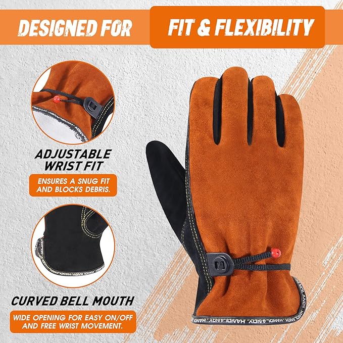 HLDD HANDLANDY Leather Work Gloves for Men & Women, Adjustable Wrist Cowhide Gardening Glove with Reinforced Palm for Driver